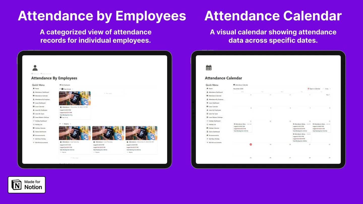 Attendance by employees and the monthly attendance calendar in the Notion HR template