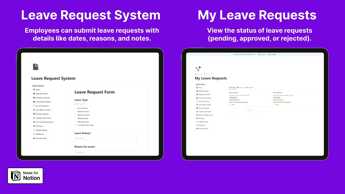 Leave request form and personal leave request tracker in the Notion HR template