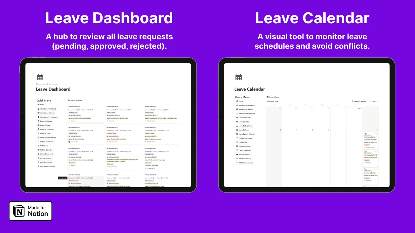 Leave dashboard and leave calendar in the Notion HR template